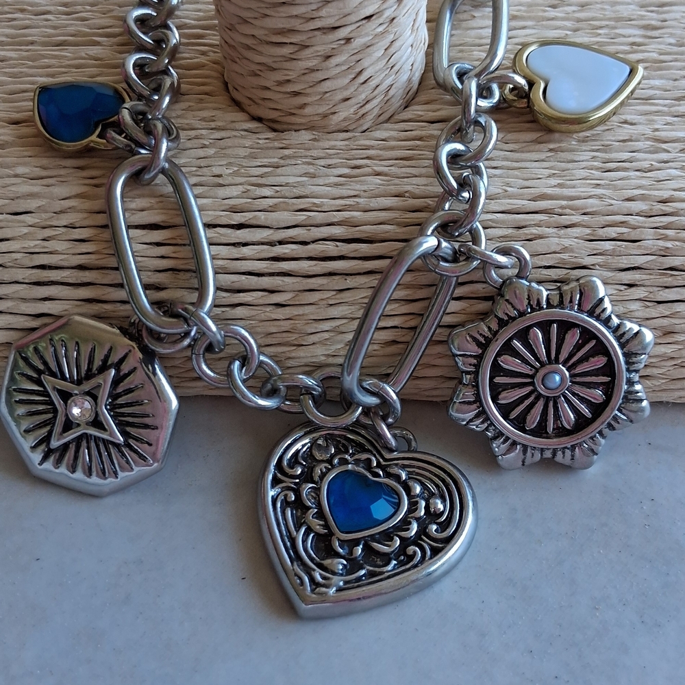 Silver-Tone Heart Charm Bracelet with Blue Accents